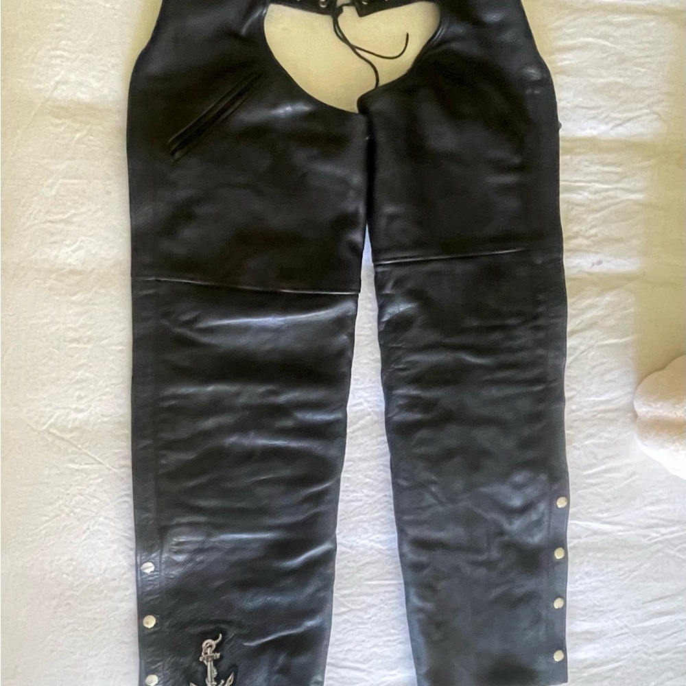 Black Leather Chaps with removable liner for colder rides and Embroidered Detail